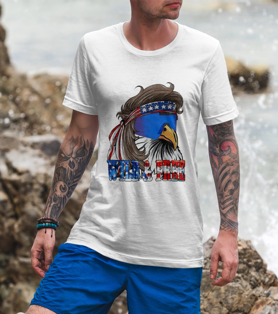 Wild And Free Bald Eagle USA Flag Bandana And Sunglasses T-Shirt