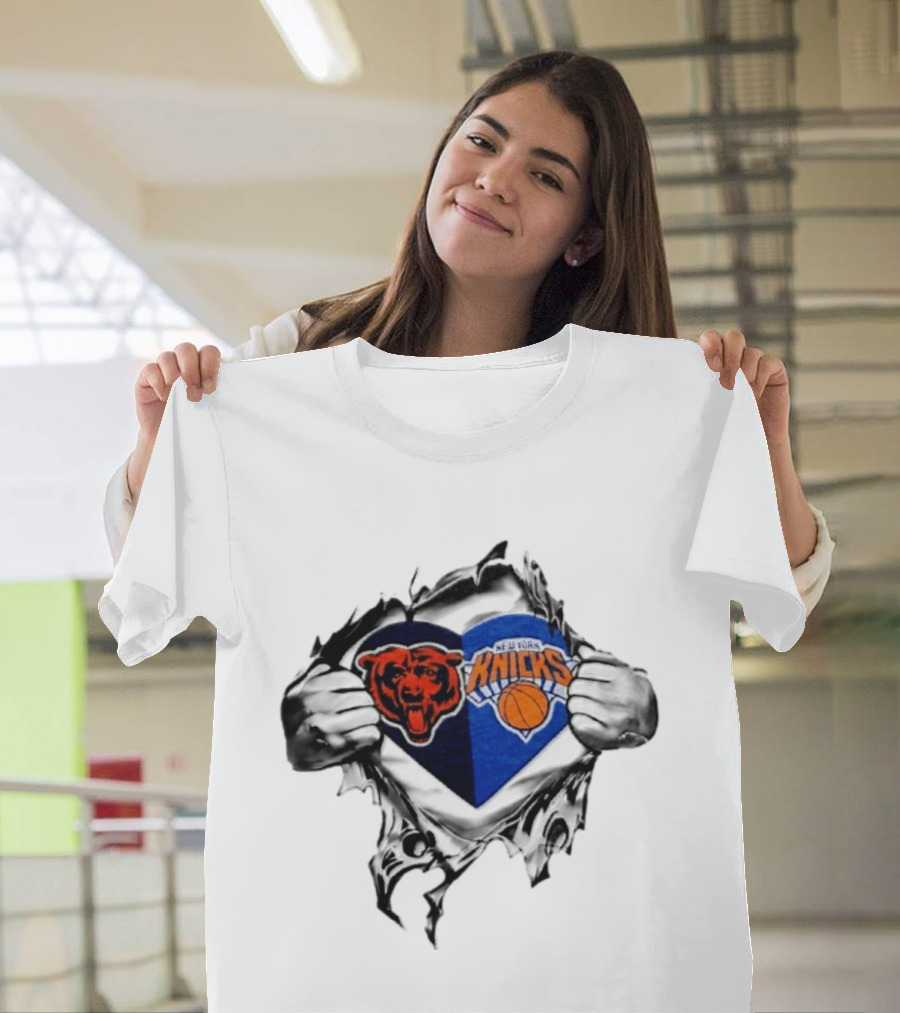 Chicago Bears New York Knicks Heart Symbol Fan Pride Collaboration T-Shirt