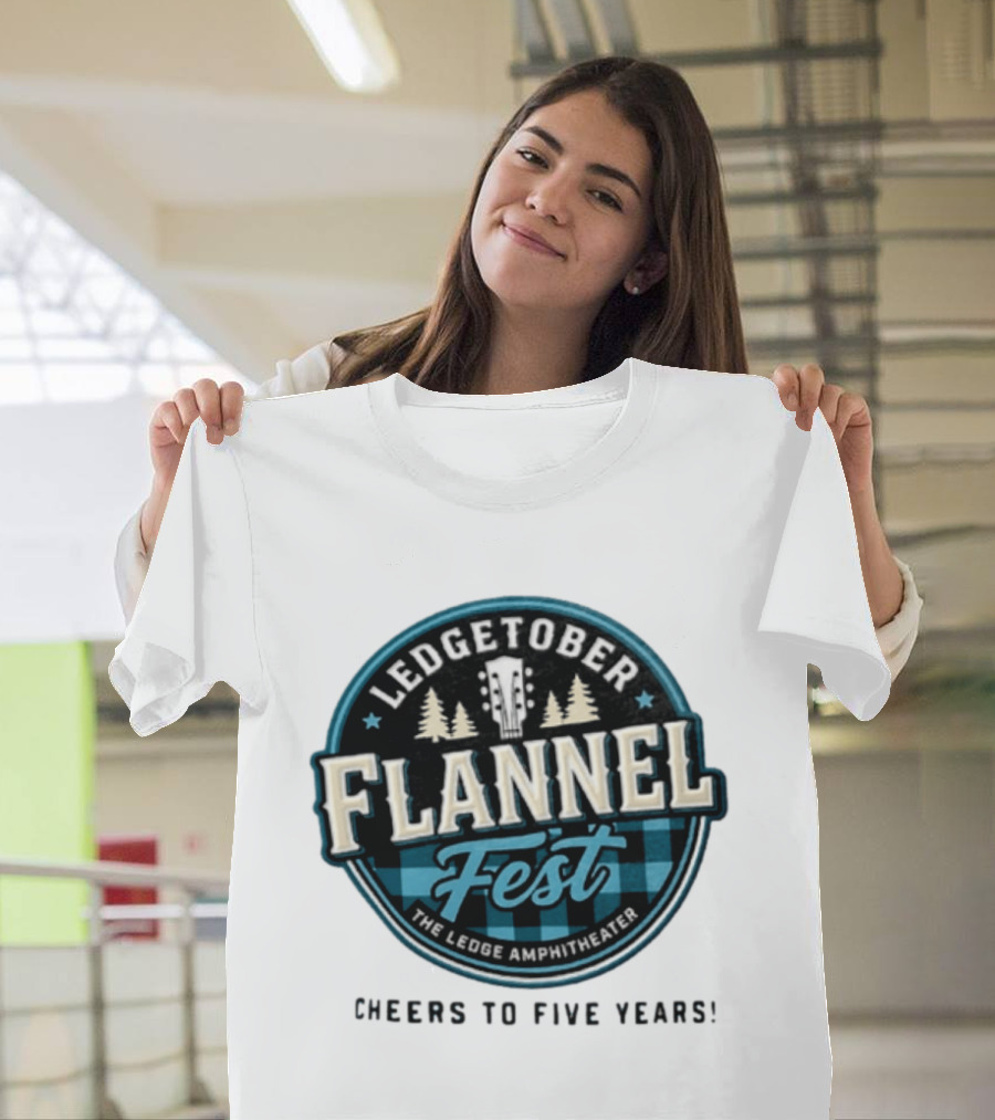 LedgeTober Flannel Fest The Ledge Amphitheater Cheers To Five Years Celebration With Trees And Guitar T-Shirt