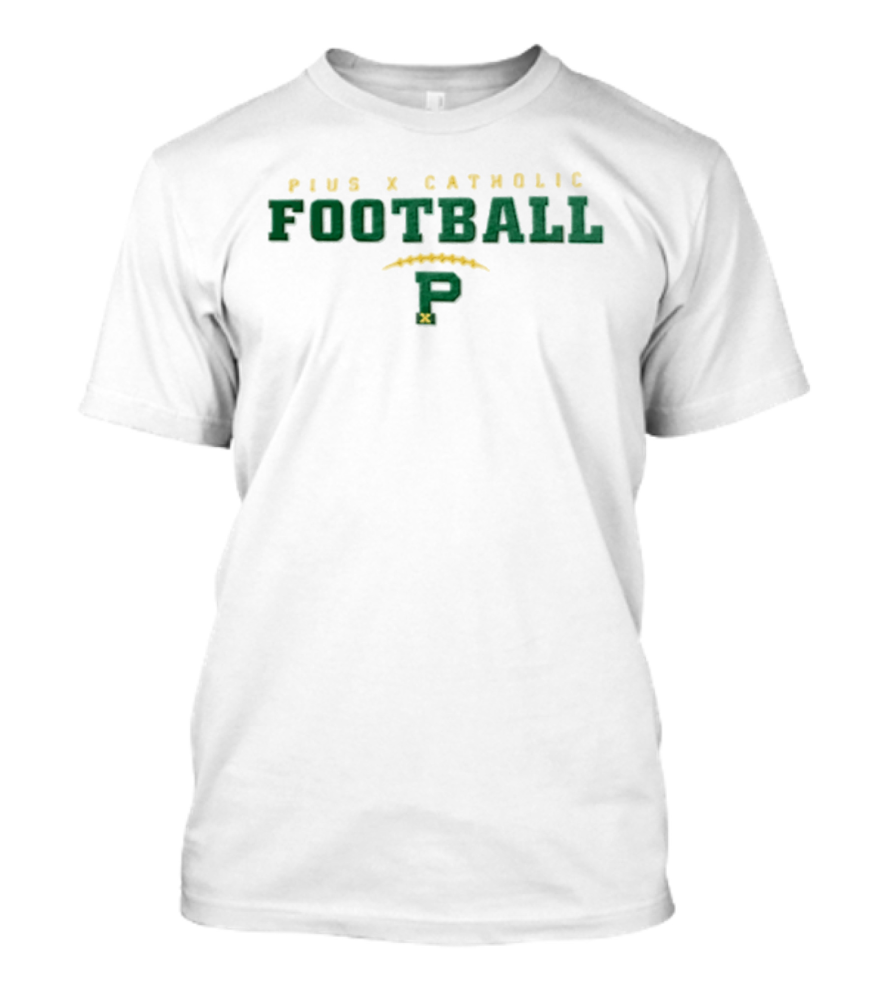 Pius X Catholic Football P Logo With Green And Yellow T-Shirt