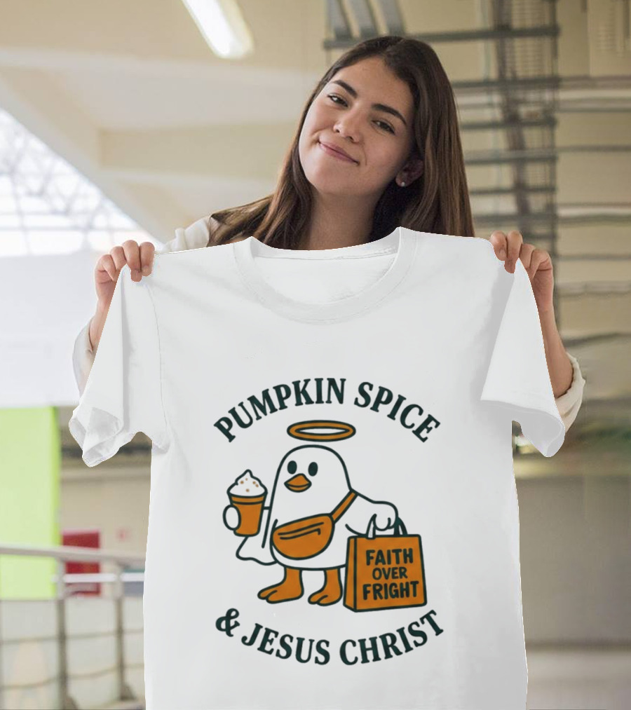 Pumpkin Spice Jesus Christ Faith Over Fright Angelic Penguin Coffee T-Shirt