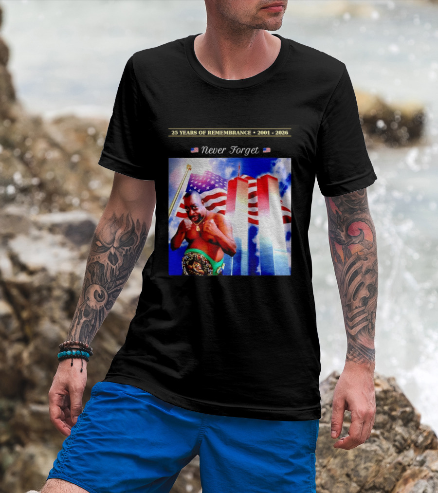 25 Years Of Remembrance 2001 2026 Beetlejuice Never Forget Twin Towers Boxing Belt American Flag T-Shirt