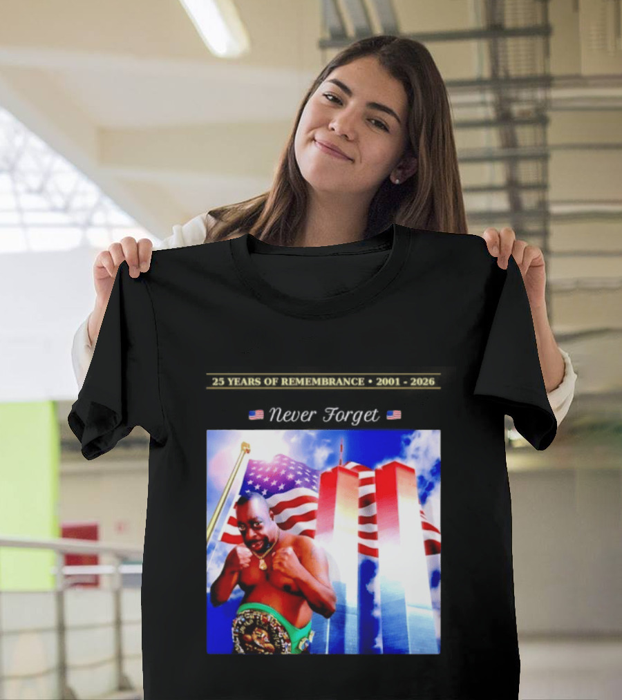 25 Years Of Remembrance 2001 2026 Beetlejuice Never Forget Twin Towers Boxing Belt American Flag T-Shirt