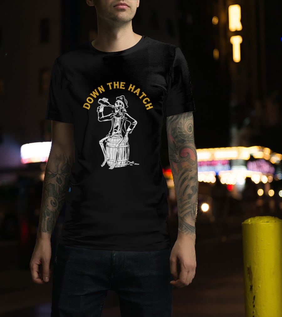 Down The Hatch Skeleton Pirate Drinking T-Shirt