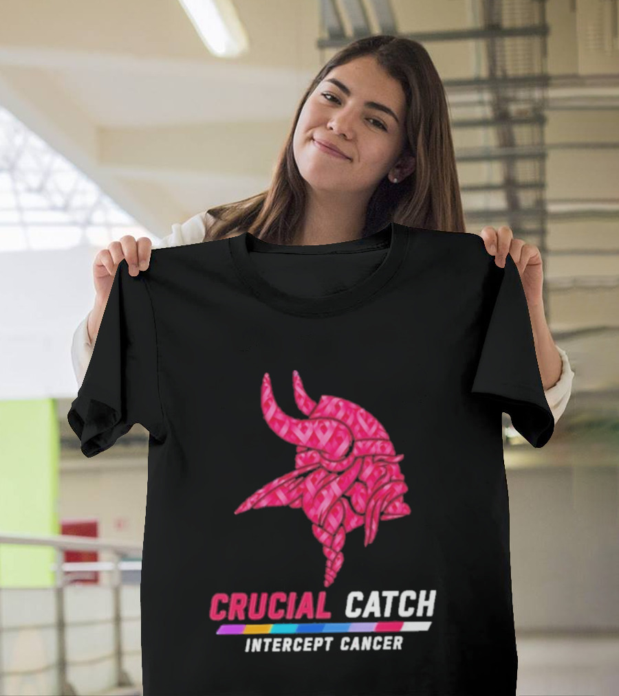 Minnesota Vikings 2026 Crucial Catch Intercept Cancer Pink Crucial Catch Intercept Cancer T-Shirt