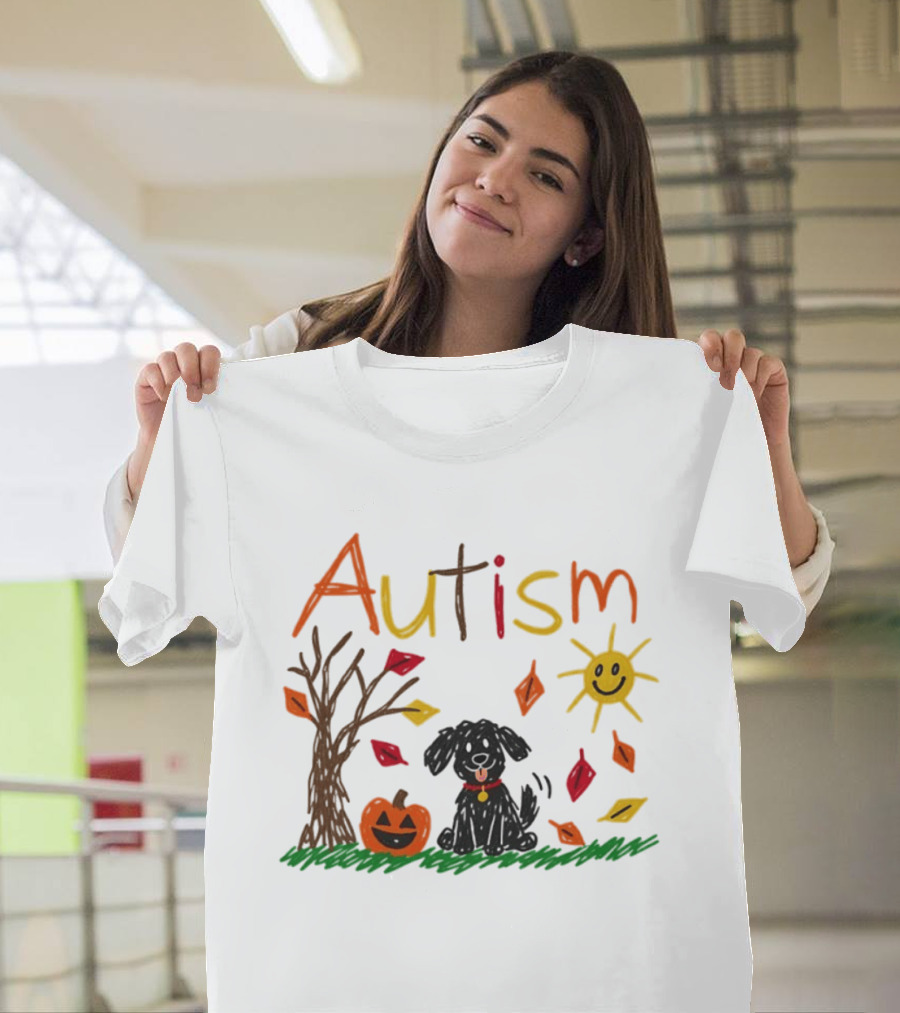 Autism Dog Pumpkin Halloween Fall Leaves Drawing T-Shirt