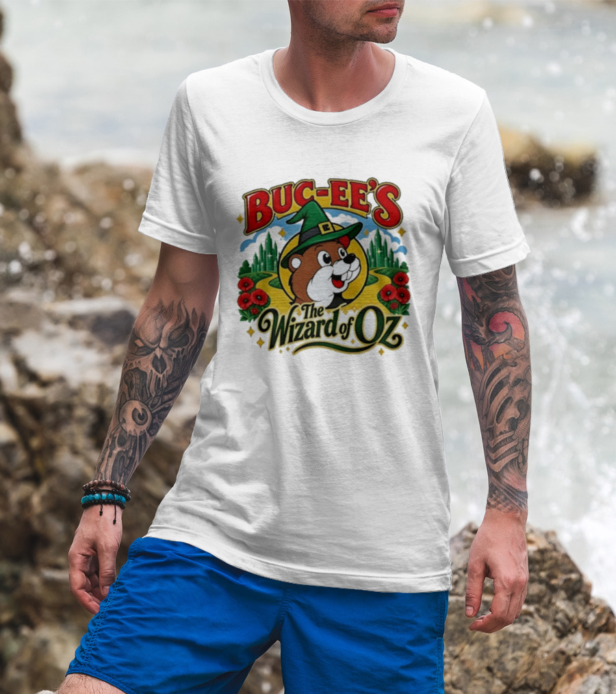 Buc Ee's The Wizard Of Oz Themed Parody With Beaver In Green Hat And Yellow Brick Road T-Shirt