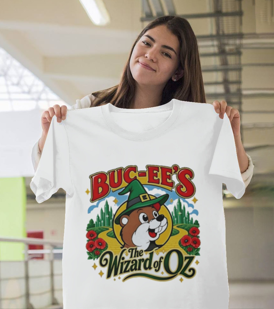 Buc Ee's The Wizard Of Oz Themed Parody With Beaver In Green Hat And Yellow Brick Road T-Shirt