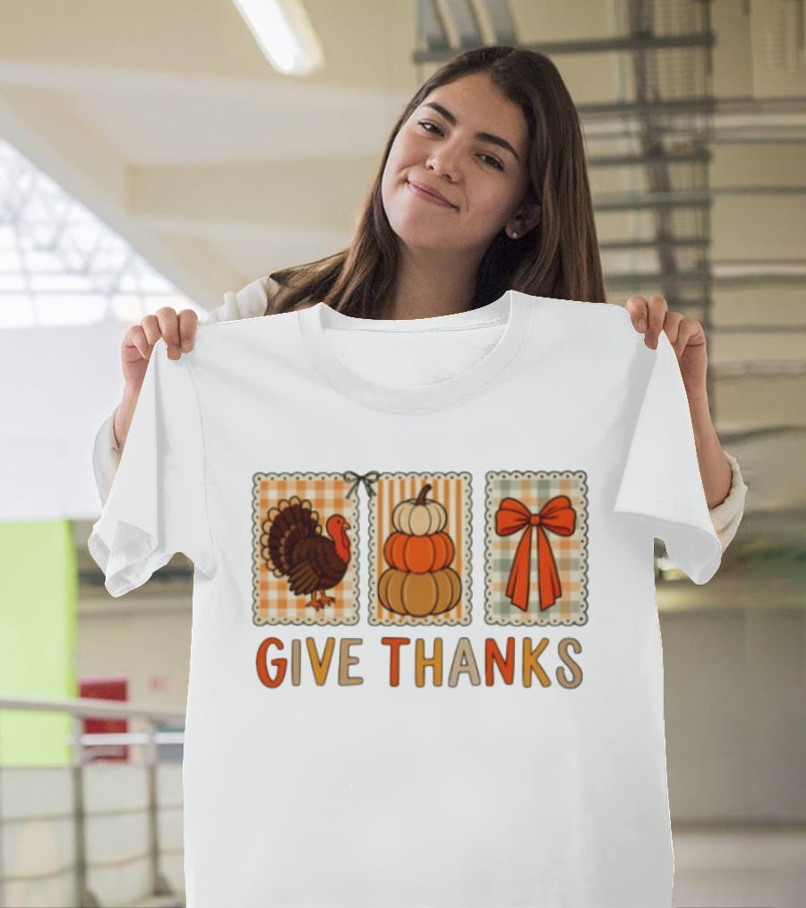 Thanksgiving Give Thanks Turkey Pumpkin Bow Harvest Celebration T-Shirt