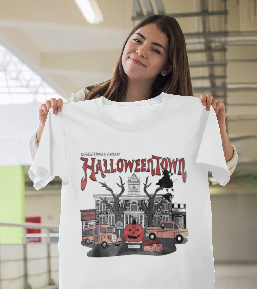 Greetings From Halloweentown Pumpkin Bus Witches Taxi T-Shirt