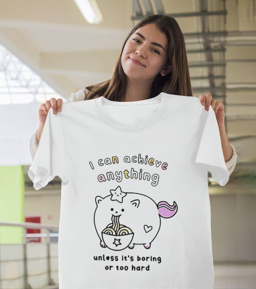 I Can Achieve Anything Cute Starry Cat Eating Noodles Unless It's Boring Or Too Hard T-Shirt