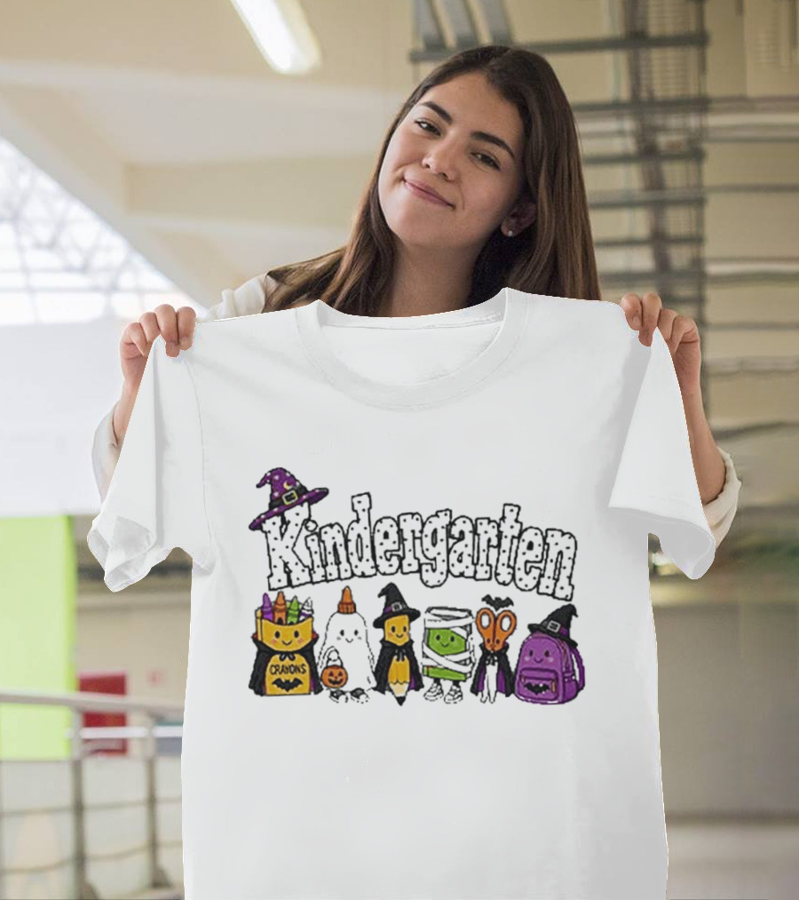 Kindergarten Crayons Ghost Bat Pumpkin Mummy Scissors Backpack Halloween T-Shirt