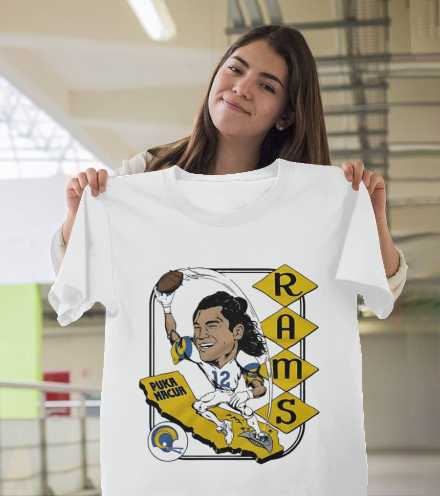 Los Angeles Rams Puka Nacua Caricature Football Player California Map T-Shirt