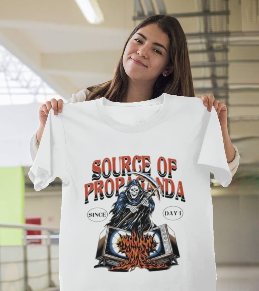 Source Of Propaganda Since Day 1 Grim Reaper Over Burning Television T-Shirt