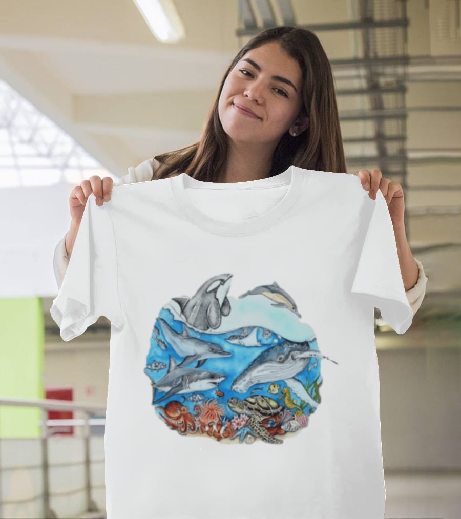 World Oceans Day Marine Life Dolphins Whales Turtles Octopus Coral Sea Animals Conservation T-Shirt