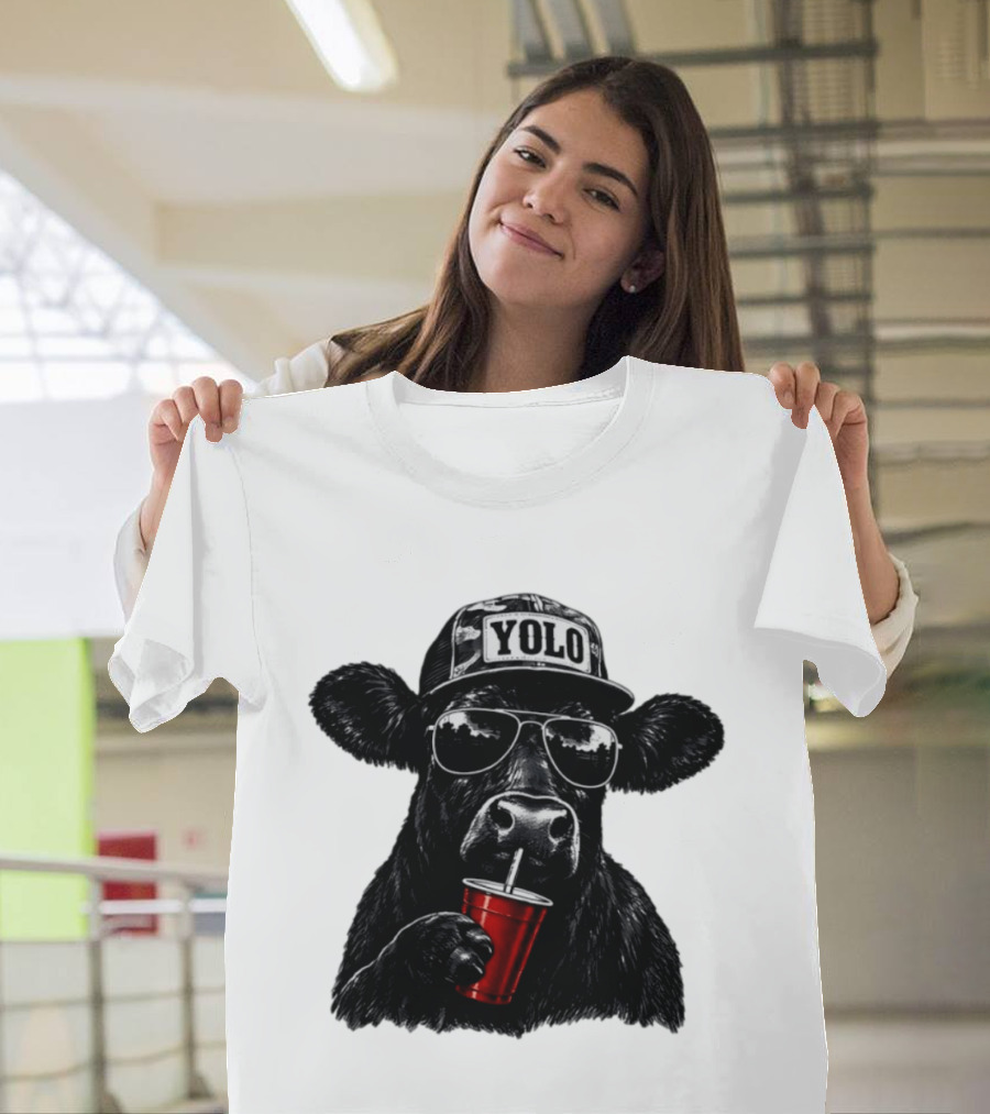 YOLO Angus Cattle With Sunglasses And Red Cup Western T-Shirt