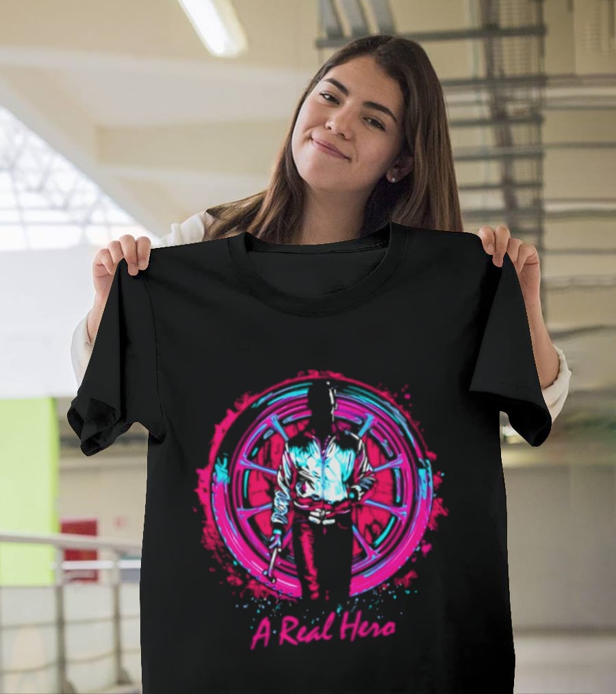 Drive Ryan Gosling Synthwave A Real Hero Wheel T-Shirt