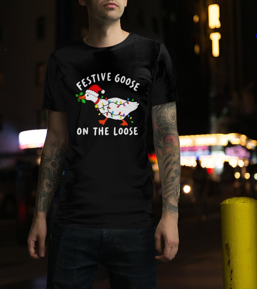 Festive Goose On The Loose With Christmas Lights And Santa Hat T-Shirt