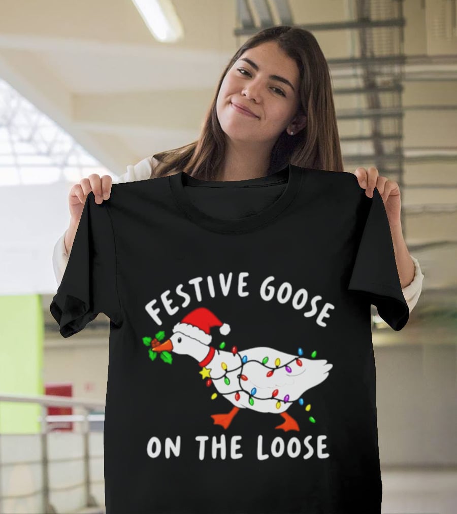 Festive Goose On The Loose With Christmas Lights And Santa Hat T-Shirt