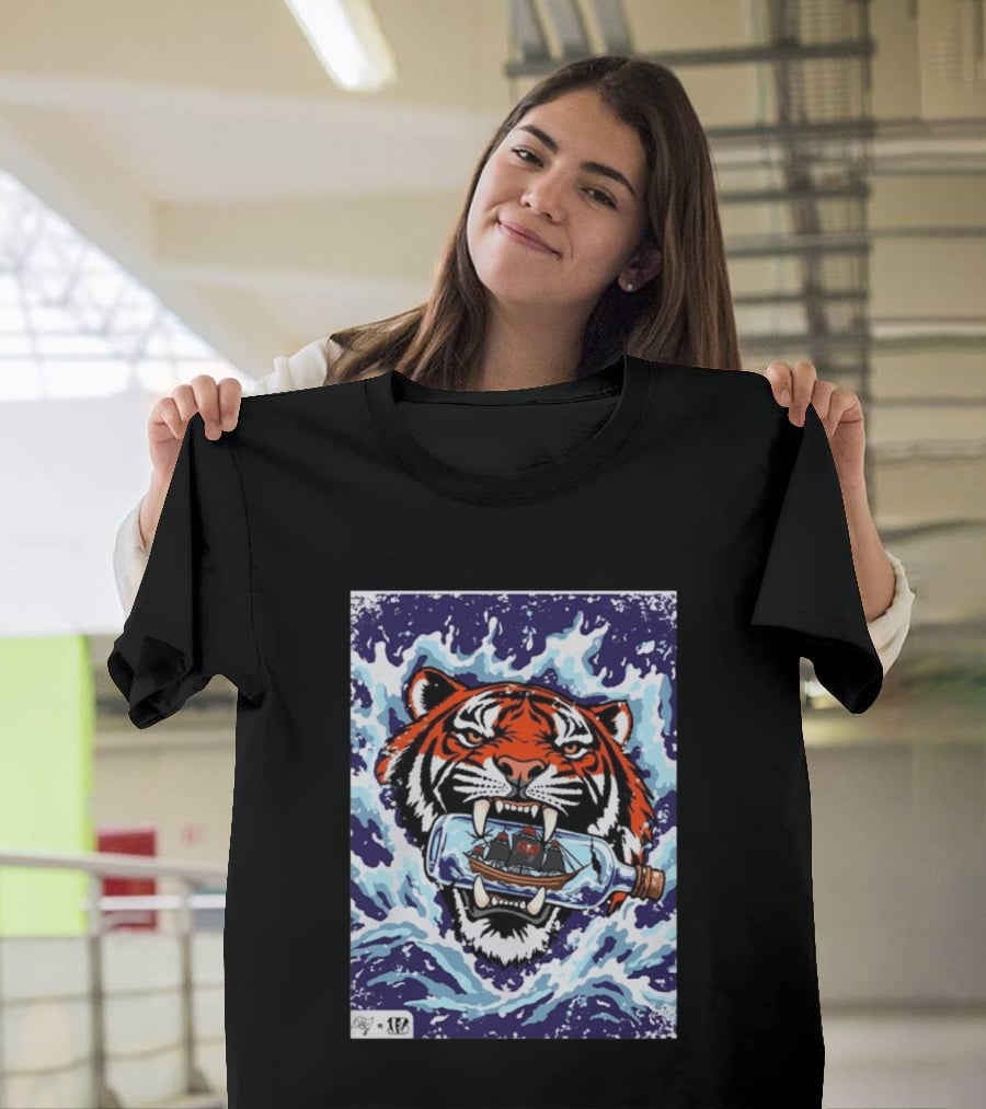 Bengals Vs Buccaneers Tiger And Pirate Ship Battle In A Bottle T-Shirt