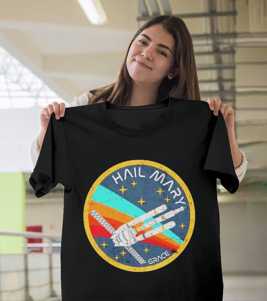 Hail Mary Grace Project Space Mission Emblem Retro Rocket T-Shirt
