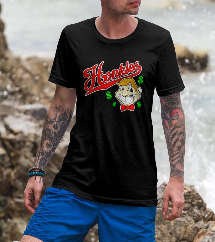 Honkies Red Script Cash Icon With Cartoon Face And Bow Tie T-Shirt