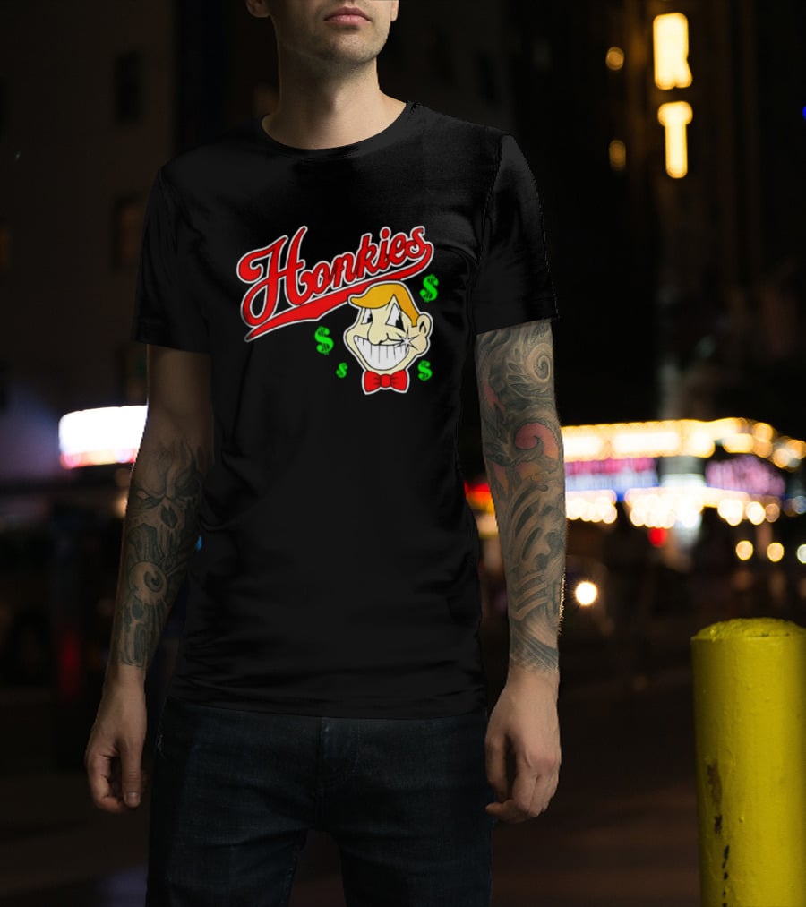 Honkies Red Script Cash Icon With Cartoon Face And Bow Tie T-Shirt