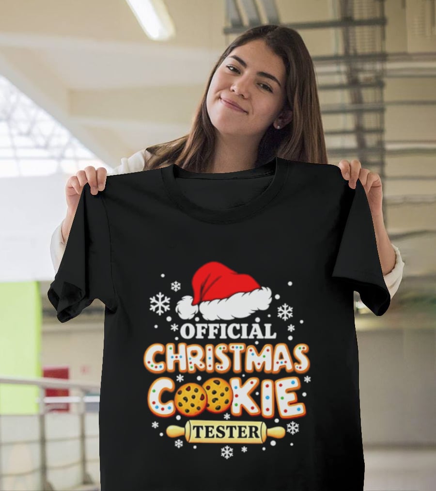 Official Christmas Cookie Tester Santa Hat Snowflakes T-Shirt