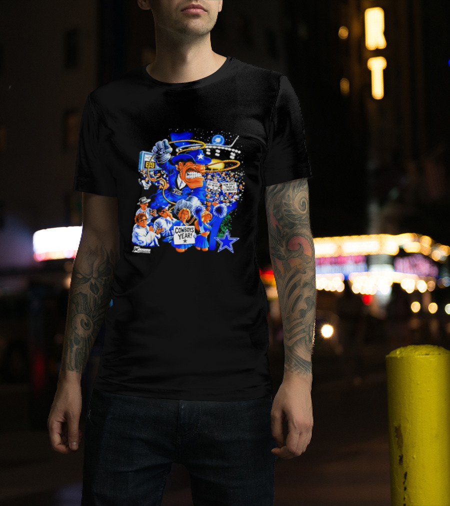 Dallas Cowboys Rowdy Mascot With Star And Cheerleaders Retro Cartoon T-Shirt