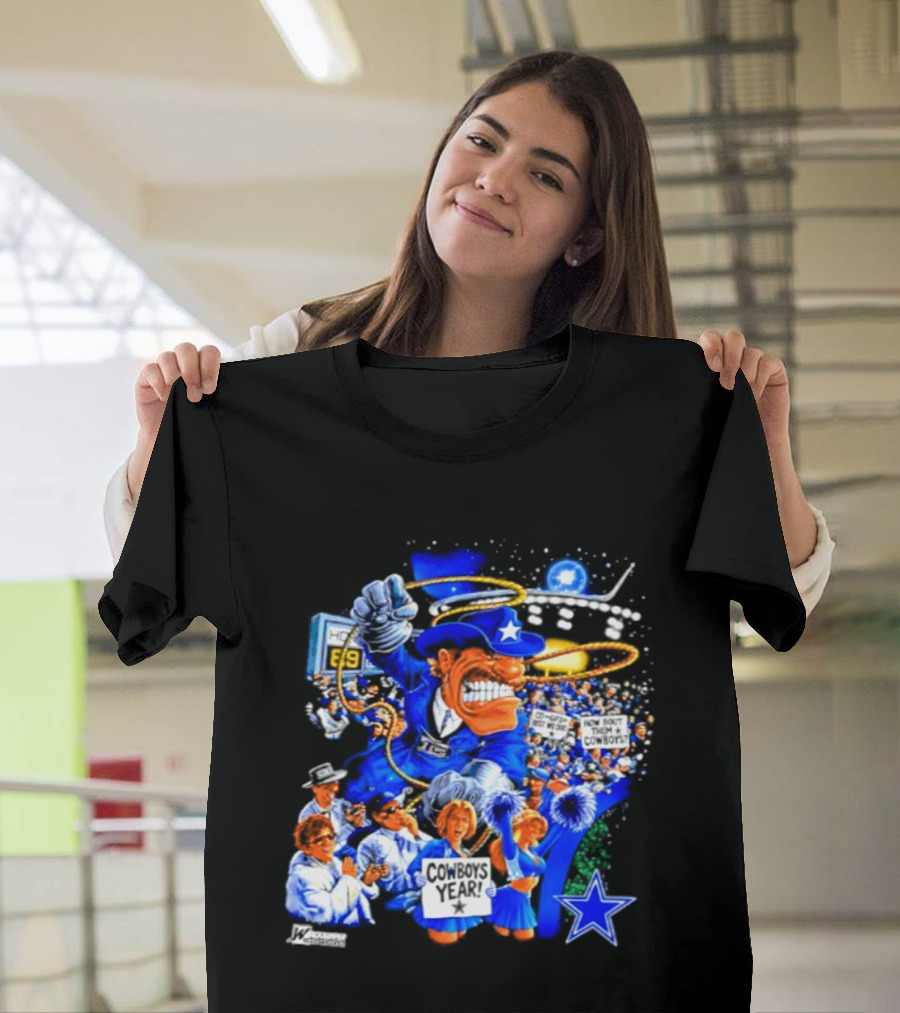 Dallas Cowboys Rowdy Mascot With Star And Cheerleaders Retro Cartoon T-Shirt