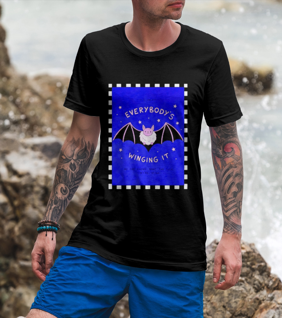 It's Okay Everybody's Winging It No One Knows What They're Doing Pink Bat With Stars T-Shirt