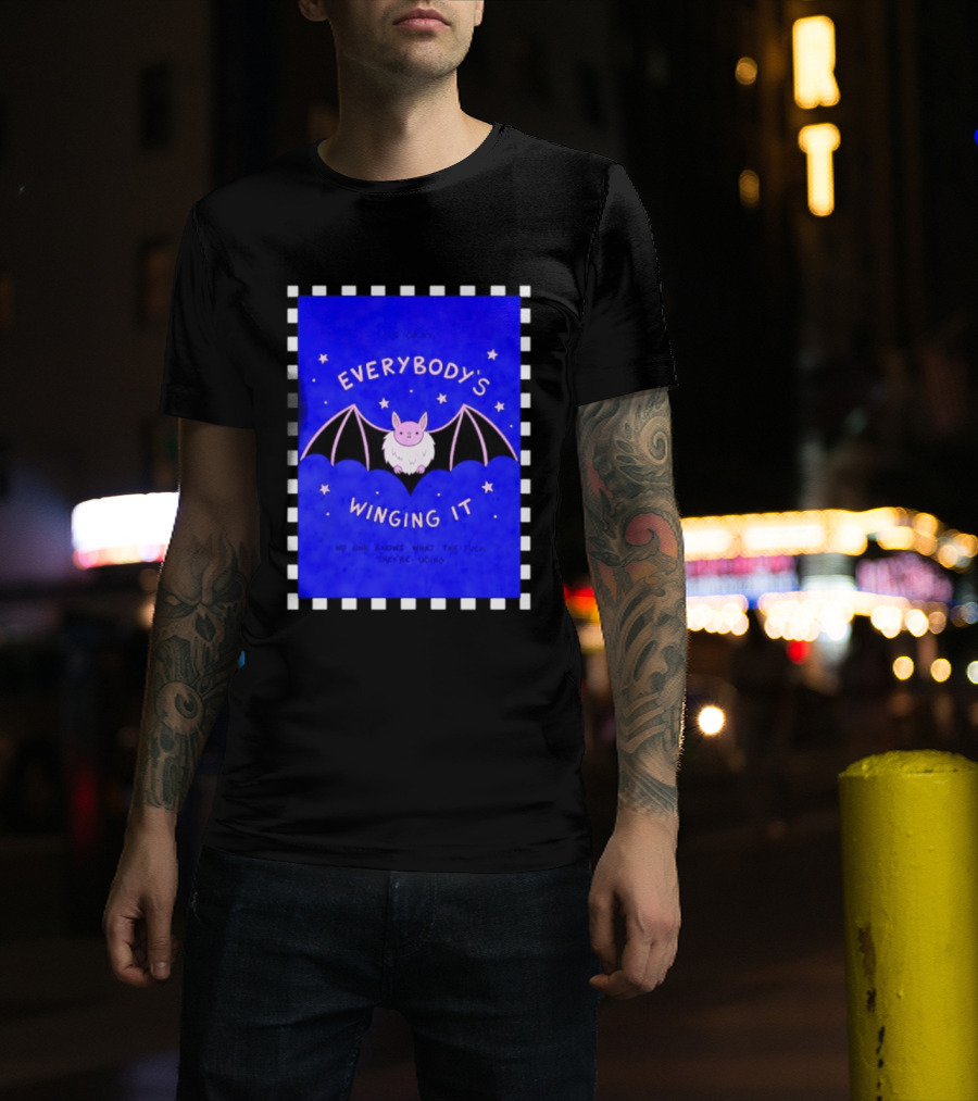 It's Okay Everybody's Winging It No One Knows What They're Doing Pink Bat With Stars T-Shirt