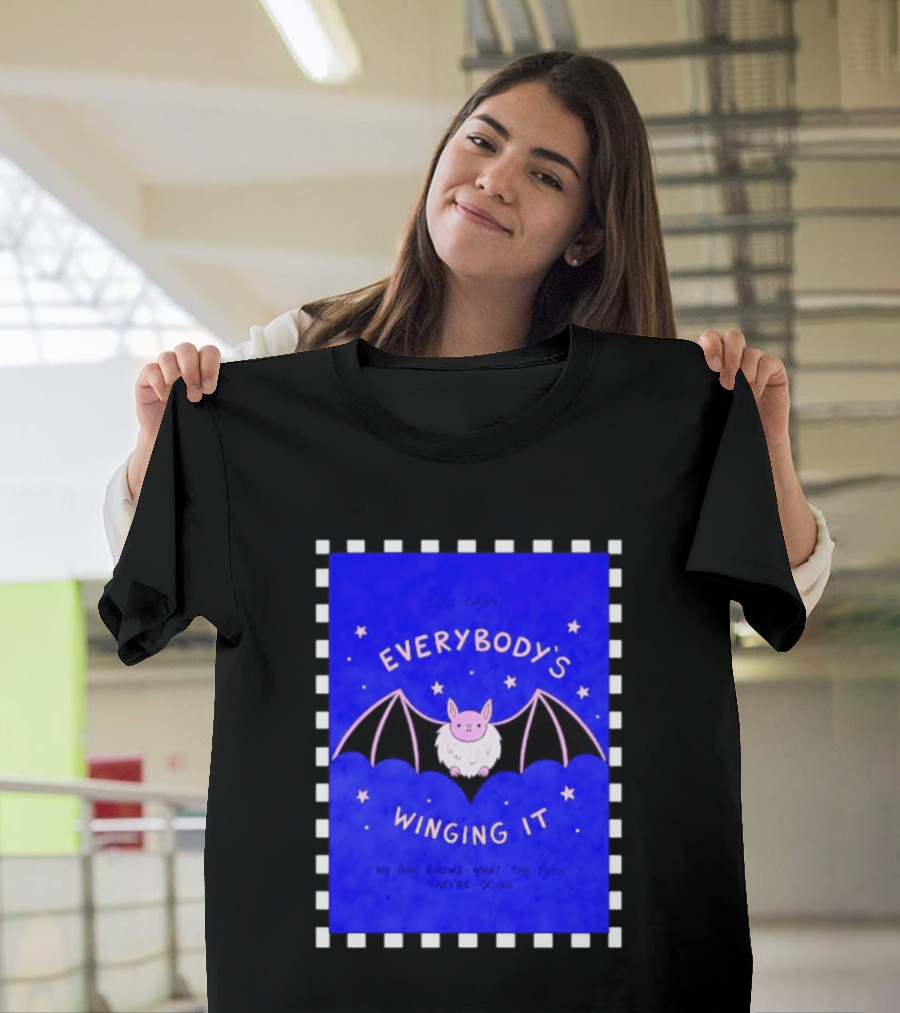 It's Okay Everybody's Winging It No One Knows What They're Doing Pink Bat With Stars T-Shirt