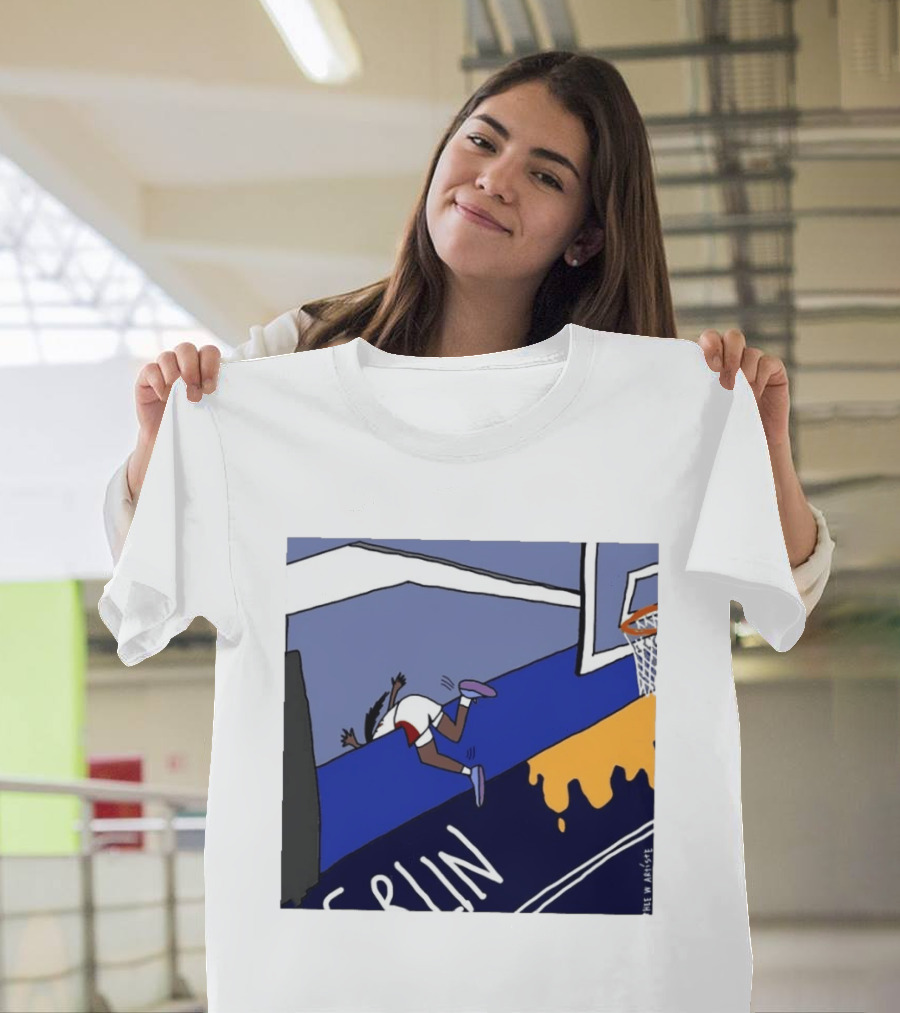 Basketball Player Diving Off Court Cartoon NBA Fan Art By Reuben Armstrong T-Shirt