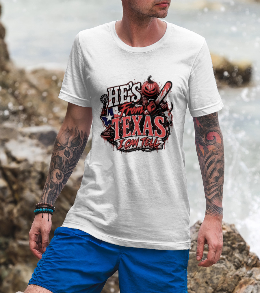He's From Texas I Can Tell Pumpkin Chainsaw Horror Outlaw T-Shirt