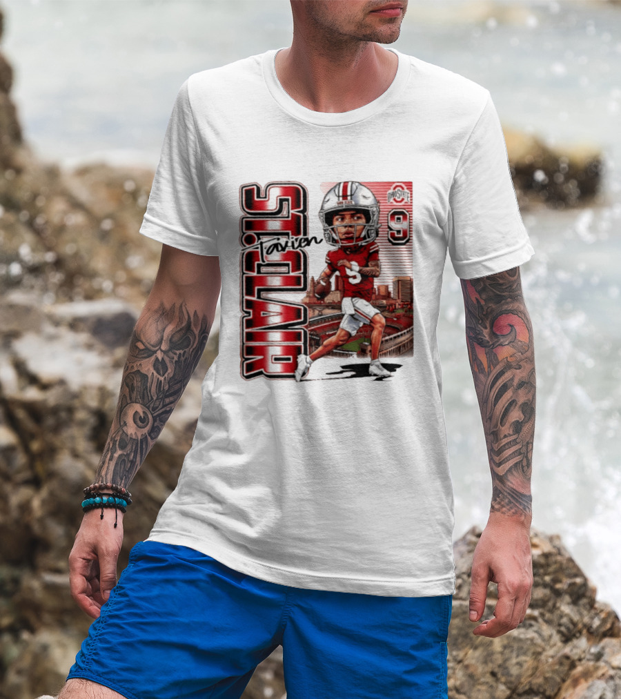 Tavien St. Clair 9 Ohio State Buckeyes Player Caricature With Ohio Stadium T-Shirt