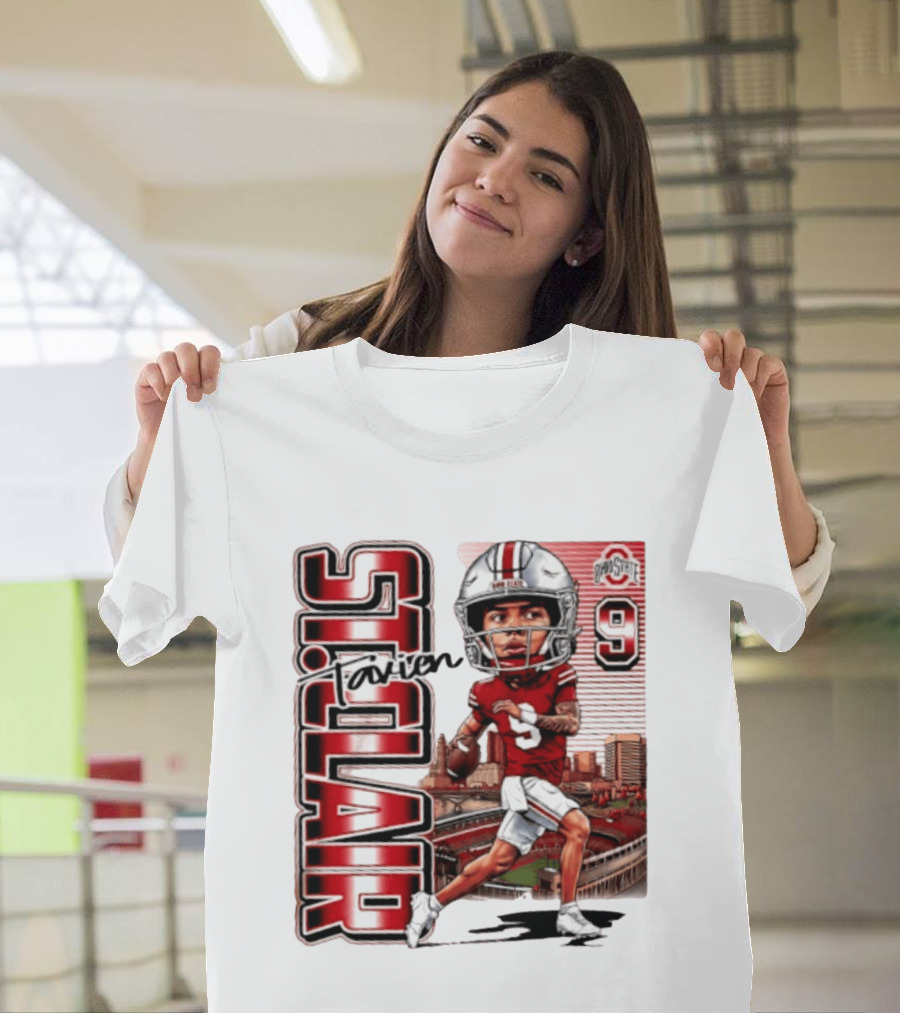 Tavien St. Clair 9 Ohio State Buckeyes Player Caricature With Ohio Stadium T-Shirt