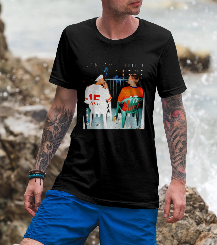 Patrick Mahomes Kansas City Chiefs And Bo Nix Denver Broncos Smoking Behind Skyline T-Shirt