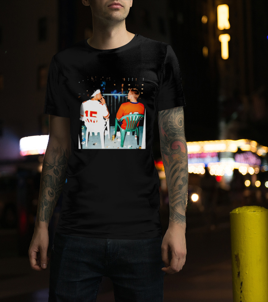 Patrick Mahomes Kansas City Chiefs And Bo Nix Denver Broncos Smoking Behind Skyline T-Shirt