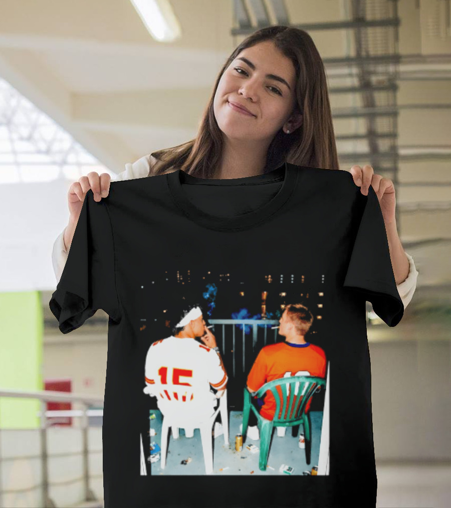 Patrick Mahomes Kansas City Chiefs And Bo Nix Denver Broncos Smoking Behind Skyline T-Shirt