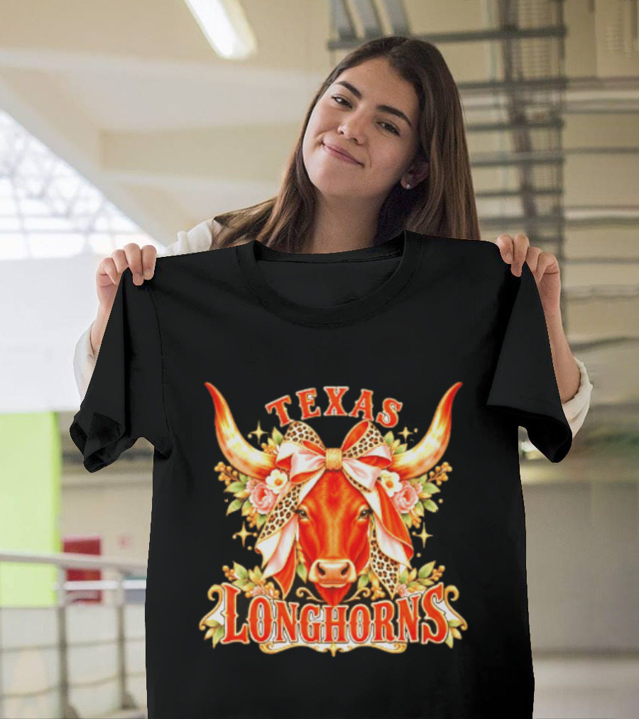 Texas Longhorns Floral Leopard Bow Cow T-Shirt
