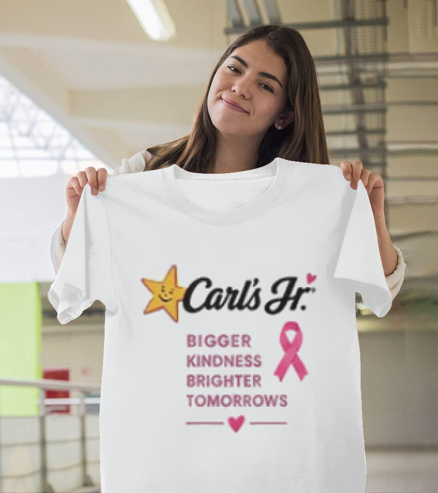 Carl's Jr Bigger Kindness Brighter Tomorrows Pink Ribbon Breast Cancer Awareness T-Shirt