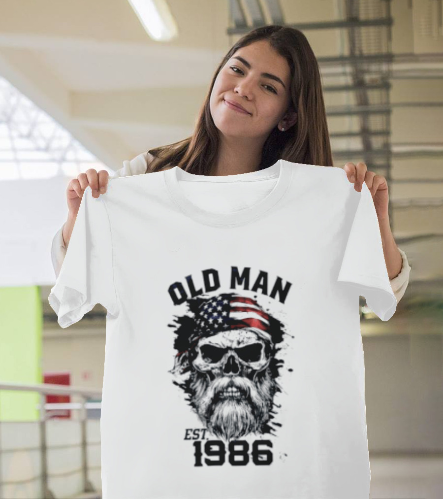 Old Man Est 1986 Skull American Flag Bandana T-Shirt