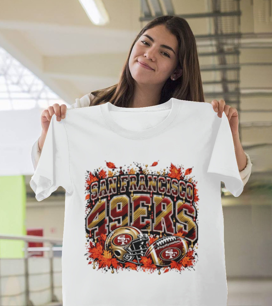 San Francisco 49ers Helmet And Football Autumn Leaves 2026 T-Shirt