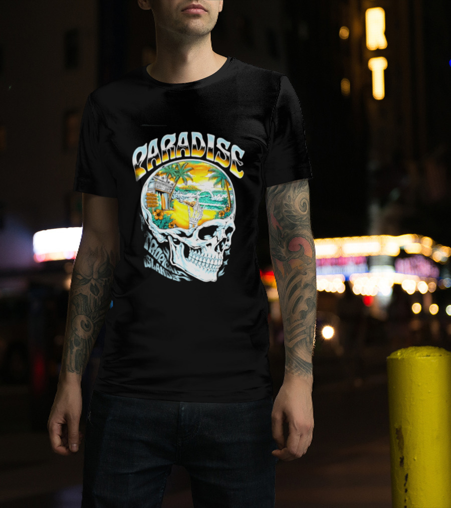 Paradise Tropical Island Skull Surf Shop Beach Scene T-Shirt