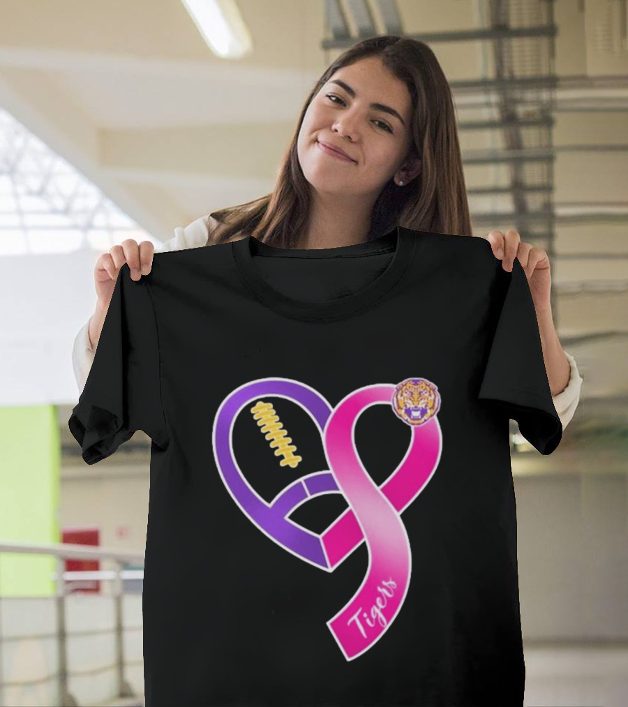 LSU Tigers Breast Cancer Awareness 2026 Heart Ribbon Football T-Shirt