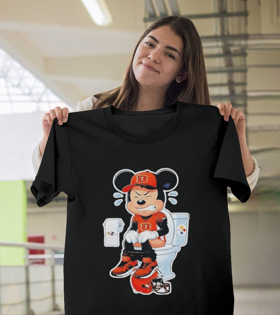 Mickey Cincinnati Bengals Mascot On Toilet Rival Baltimore Ravens Steelers Football Helmet T-Shirt