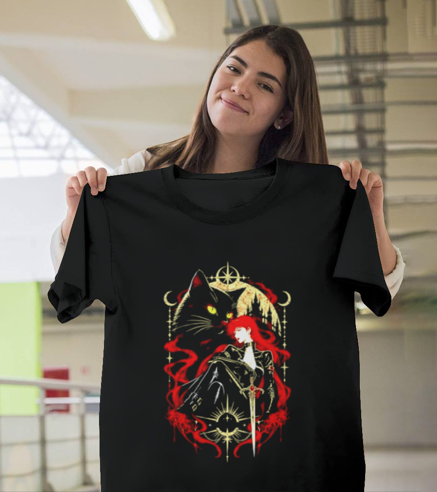 Gothic Red Haired Woman Black Cat Sword Magical T-Shirt