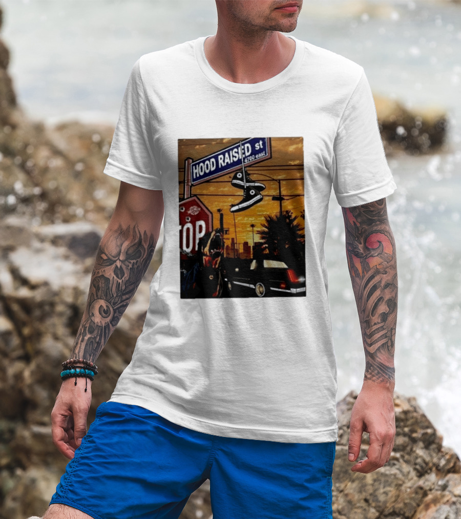 Hood Raised Street 4700 East Rottweiler Lowrider Sneakers And Sunset Urban Scene T-Shirt