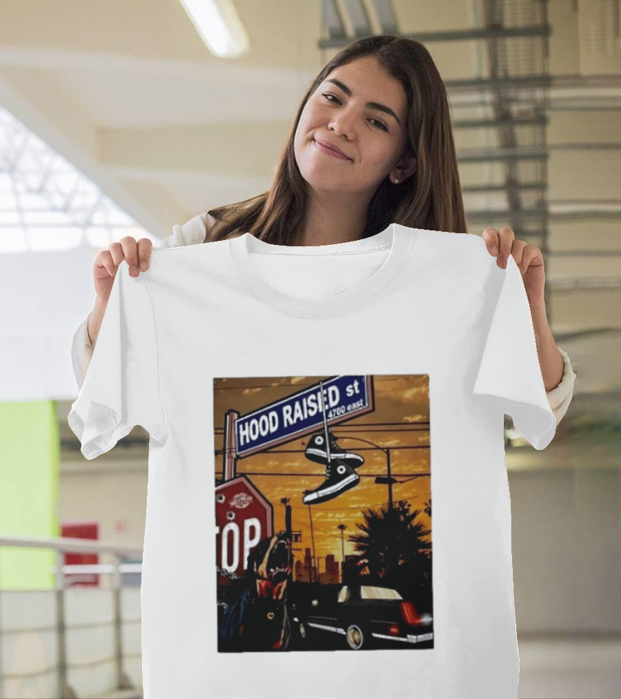 Hood Raised Street 4700 East Rottweiler Lowrider Sneakers And Sunset Urban Scene T-Shirt